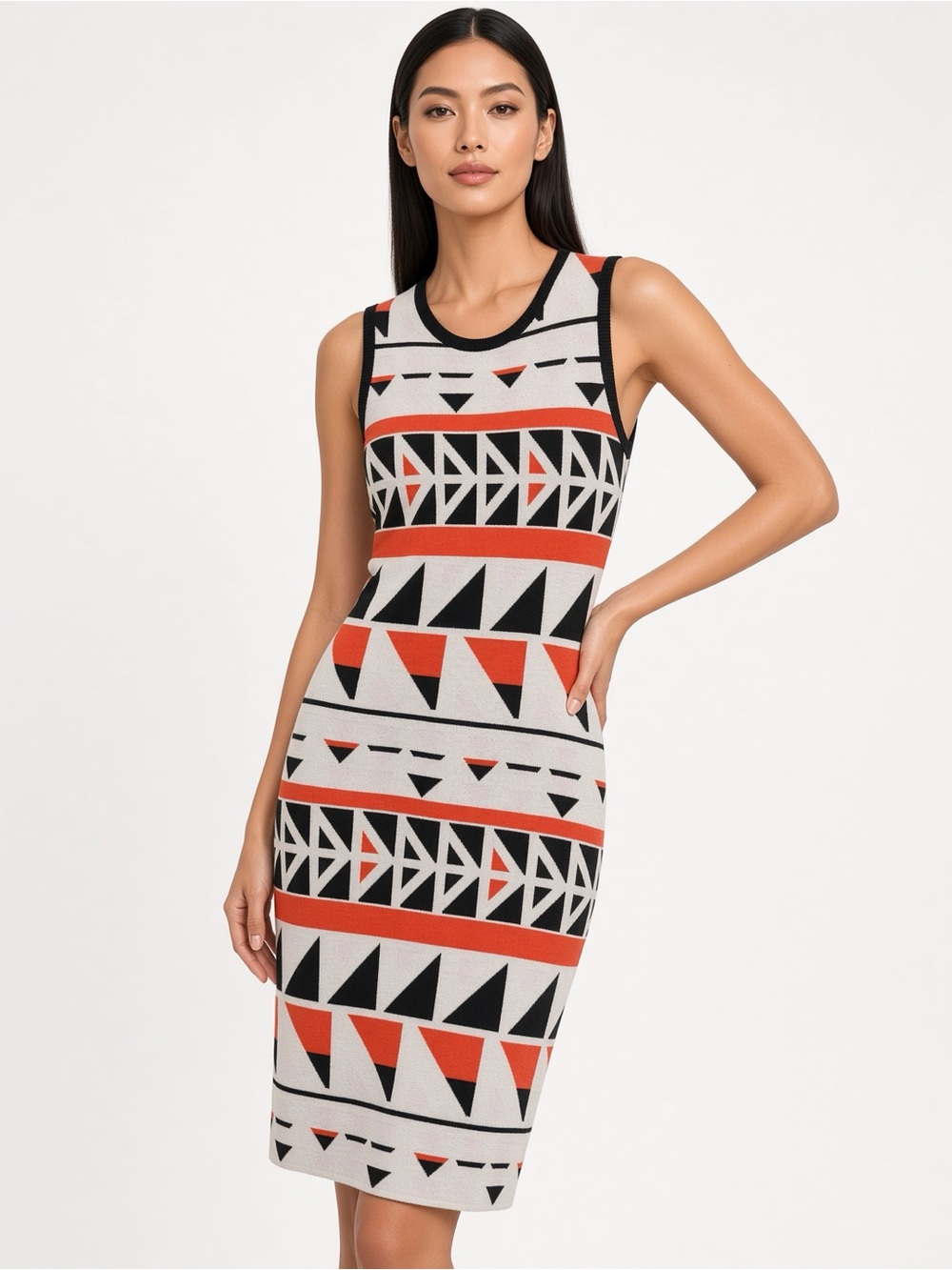RACHEL Rachel Roy Cream, Black & Orange Geometric Knit Midi Dress